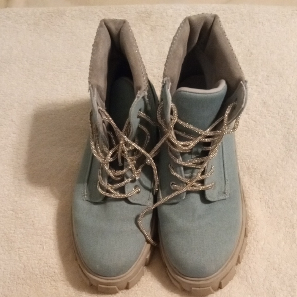 Stylish Blue Lace-Up Boots With Sequins